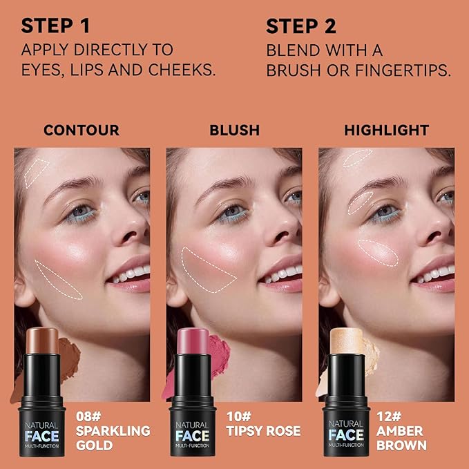 3Pcs Cream Contour Stick Makeup Kit, Shades with Highlighter, Blush and Bronzer Contour Stick for Sculpt the Cheeks, Long Lasting, Waterproof, Matte & Dewy Finish (LIGHT FAIR(8+10+12))