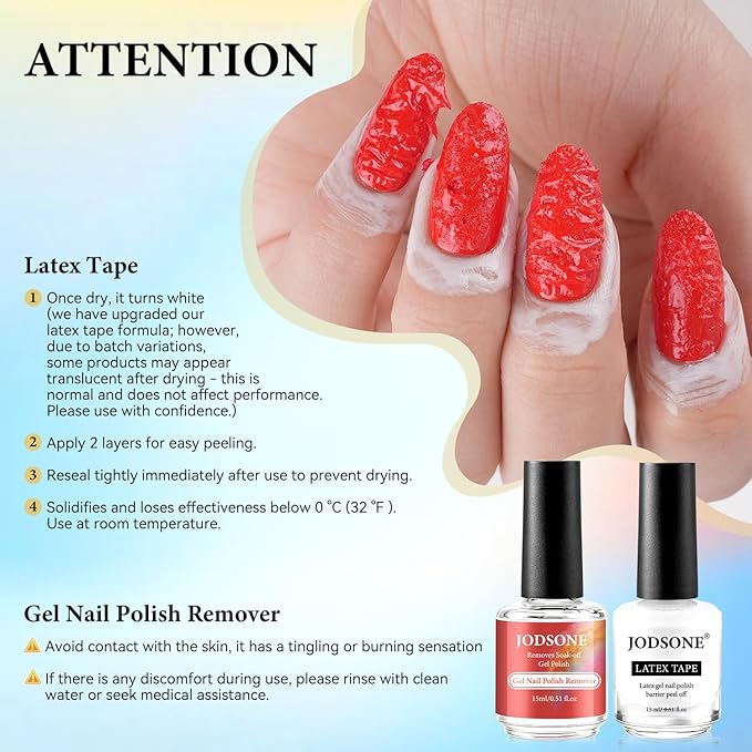 JODSONE Professional Gel Nail Polish Remover Kit:2Pcs 15ML Quick Gel Nail Polish Remover,15ML Cuticle Oil and Latex Tape Liquid,2 Sanding Strips and Steel Pushers,Remove at Home without Going Salon