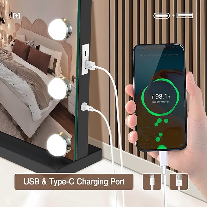 Vanity Mirror with Lights, 31.5" x 23.6" Large Makeup Mirror with LED Lights, Smart Touch Dimmable 3-Color Light, Memory Function, USB Charging Port Black
