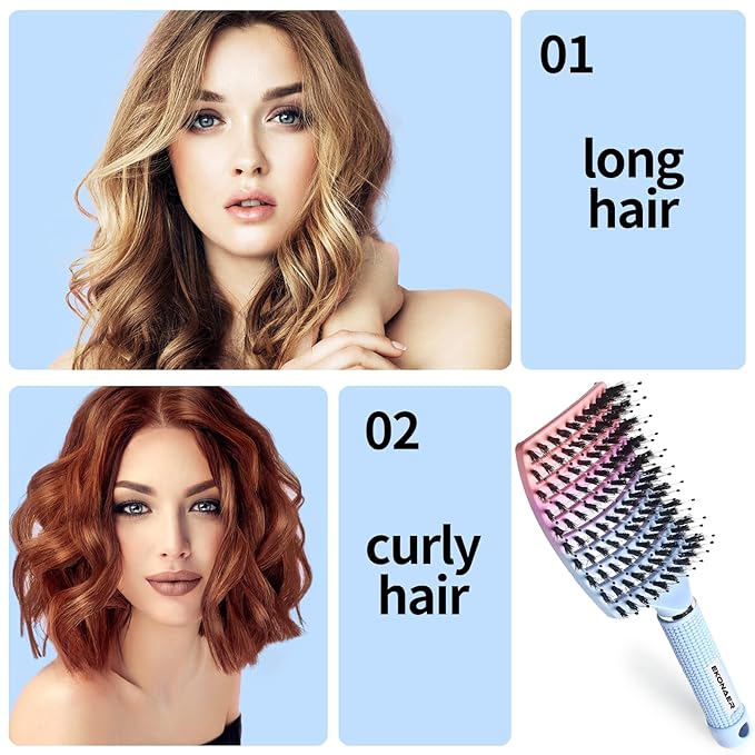 Detangling Brush Boar Bristles Hair Brush for Adult & Kids Wet or Dry Hair,Curved and Vented Detangler Brush - Adds Shine and Makes Hair Smooth(Blue)