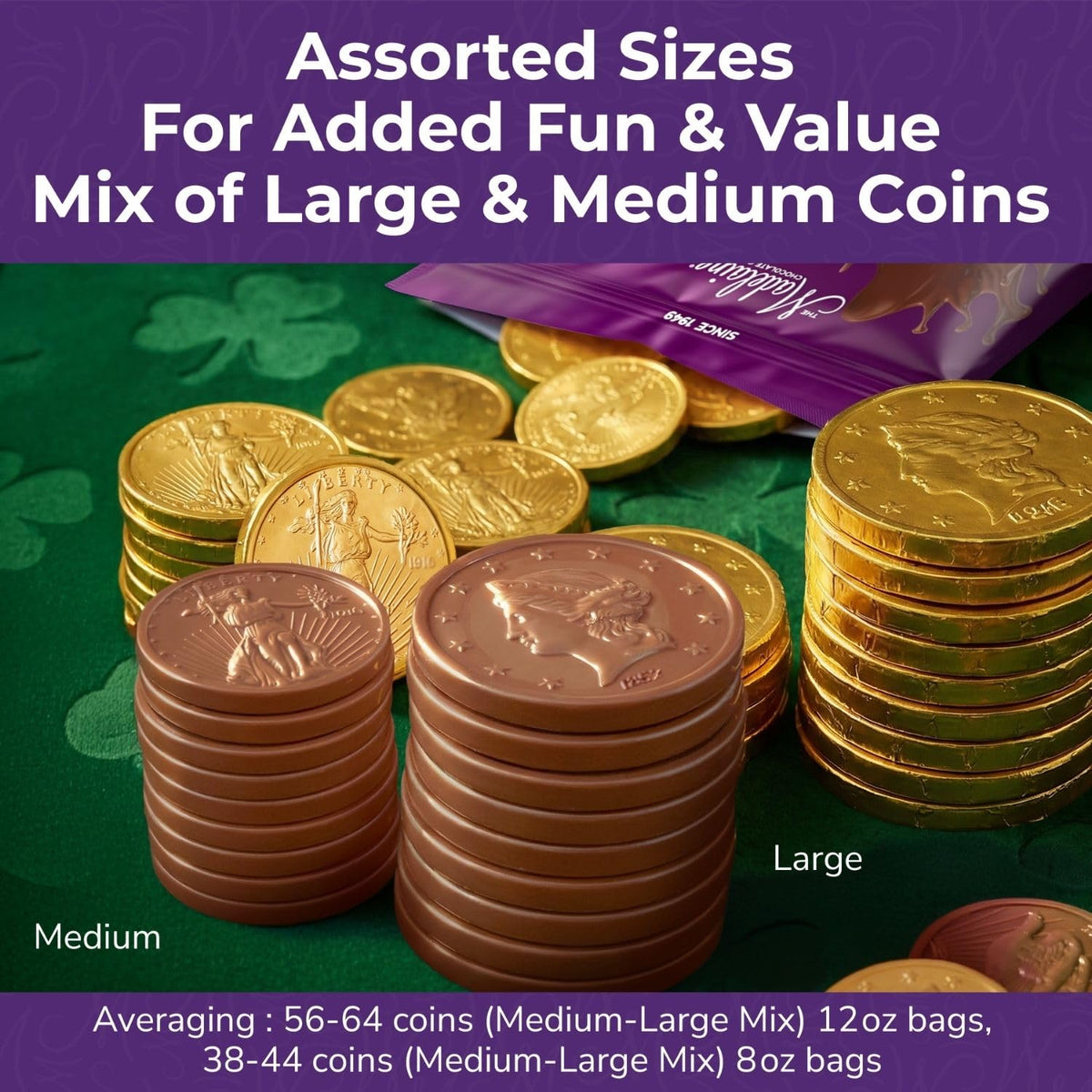 Madelaine St. Patrick’s Day Gold Chocolate Coins - 8 Oz About 40 Assorted Sizes Milk Chocolates Gold Coins - Individually Wrapped St Patrick’s Day Candy Basket Fillers Holiday Treats & Party Favors