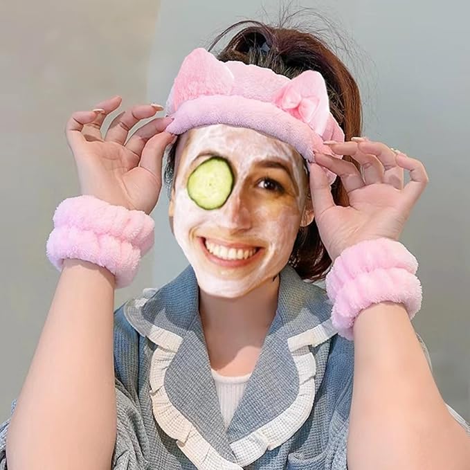 Cute Spa Headband and Wristband Set for Women Kawaii Ear Pink Makeup Headband for Washing Face (3PCS, Pink)