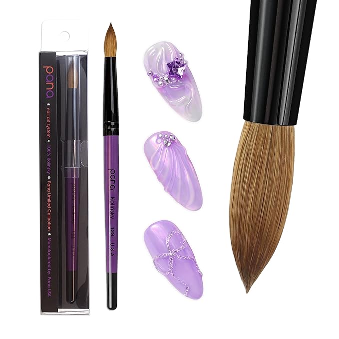 PANA Pure Kolinsky Hair Acrylic Nail Brush - Round Shape Black Ferrule with Purple Wood Handle (Size 12) - for Acrylic Nail Application Nail Extension Manicure Pedicure Salon Beginner and Professional