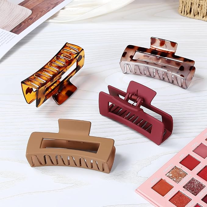 Mandydov 8 Pcs Large Hair Claw Clips 4.1 Inch Non-slip Big Square Matte Claws Leopard Print for Women, Strong Hold Banana Clips for Thick Thin Hair