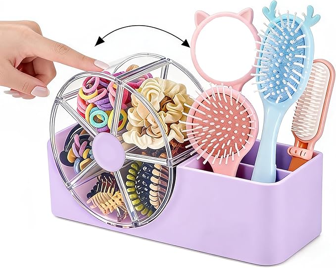 Hair Accessories Organizer for Girls, 2-Slot Hair Brush Holder & 5-Section Rotating Wheel, Cute Makeup Brush Holder for Hair Tile, Clip, Makeup Brush, Earring, Ring, Kids Vanity Accessories (Lavender)