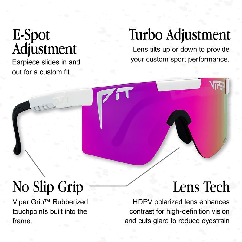 Pit Viper Sunglasses I The Original 2.0 I Regular Fit I HDPV Polarized Lens, Indestructible Frame I Turbo Adjustable for Perfect Fit I Micro Fiber Bag & Retainer Straps I Pink-Purple Lens, White Frame
