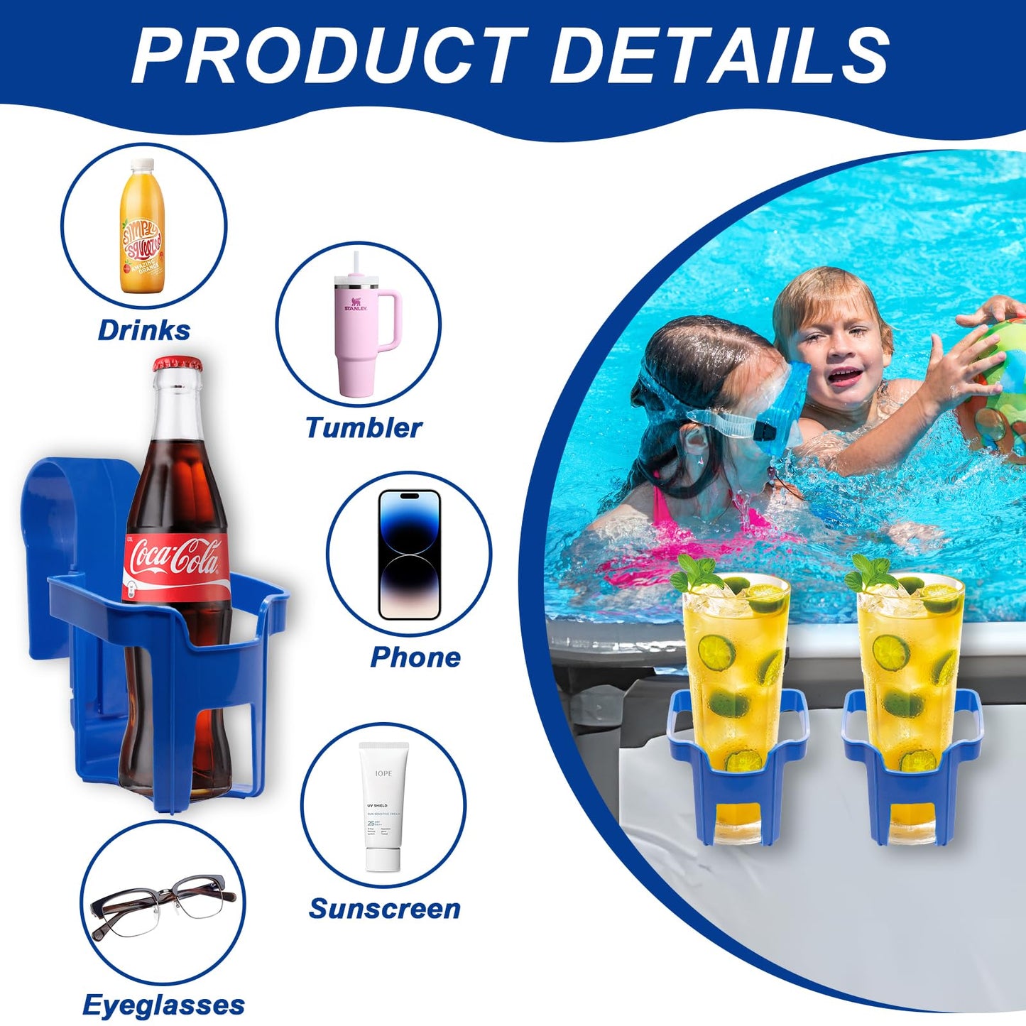 Pool Cup Holders,4 Pack Poolside Cup Holder Above Ground Pool Accessories, Fits 2 Inch or Less Round Top Bar,Pool Drink Holders for Drinks Above Ground