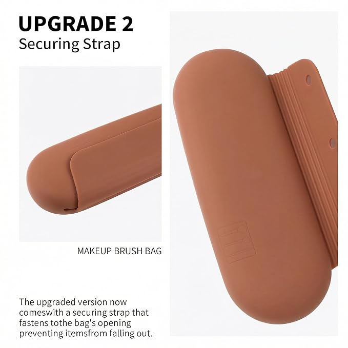 Silicone Makeup Brush Holder Travel Cosmetic Bag：Soft Portable Cosmetic Face Brushes Holder with Upgrade Anti-Fall Out Magnetic Closure, Large Travel Makeup Brush Case - Brown