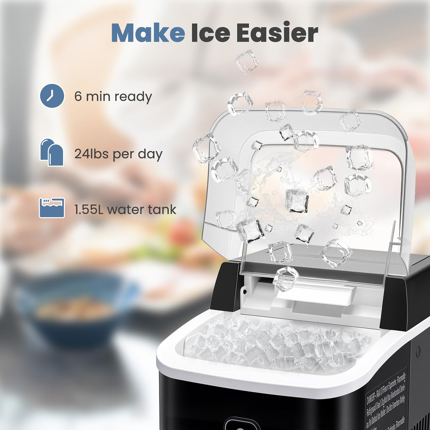 Dumos Nugget Ice Makers,Portable Ice Machine Countertop Ready in 6 Mins, 1.55L Water Tank, Self-Cleaning, for Office, Party, RV, Home, Black