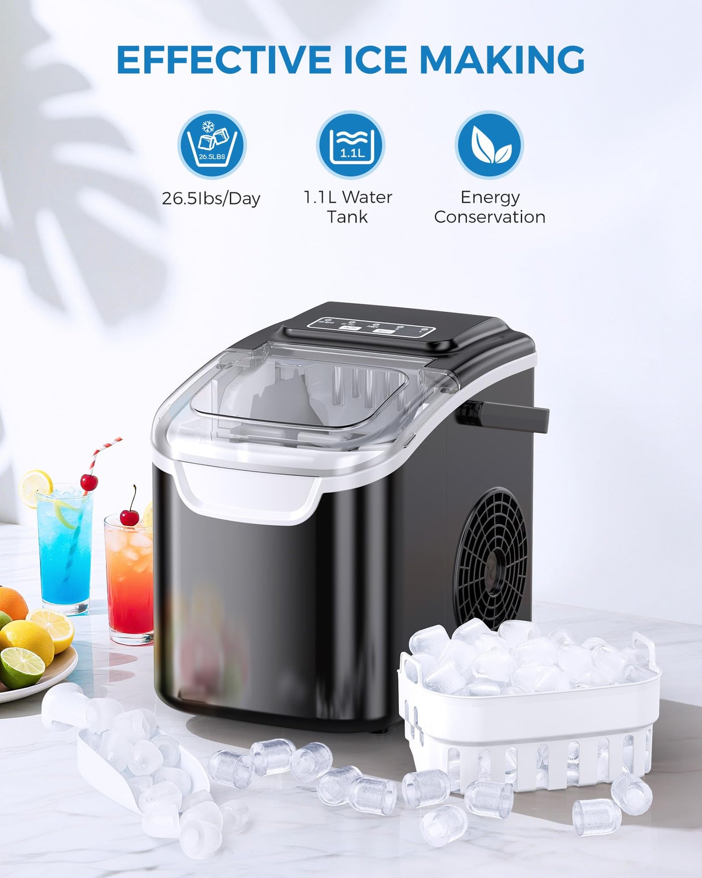 COWSAR Ice Maker Countertop, Portable Self-Cleaning Ice Machine, 26.5lbs/24Hrs, 8 Bullet Ice Cubes in 6 Mins, with Ice Basket and Scoop, Quiet Mini Ice Makers for Home, Kitchen, Bar, Camping