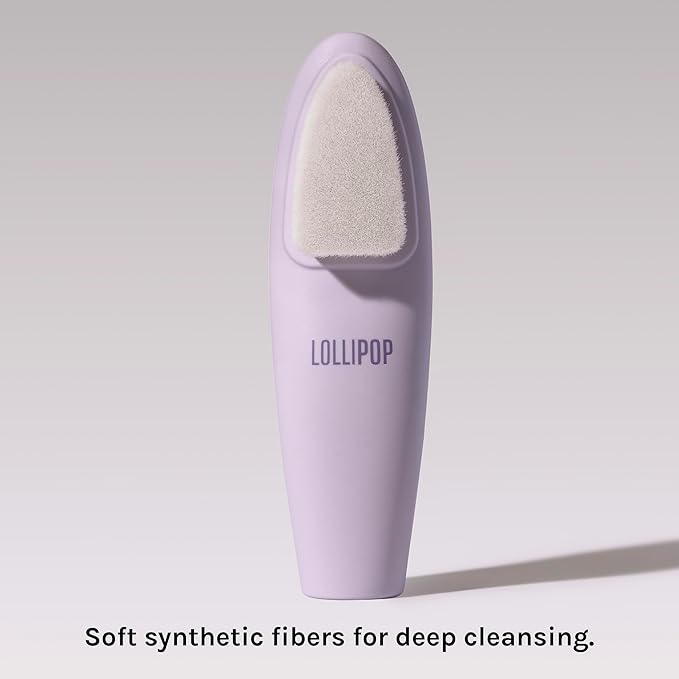 LOLLIPOP Dual-Sided Facial Cleansing Brush | Handle Size Silicone Face Exfoliator and Soft Fiber Cleanser | Manual Face Scrubber for Pores, Makeup Removal, Blackhead and Skincare Routine, Plum