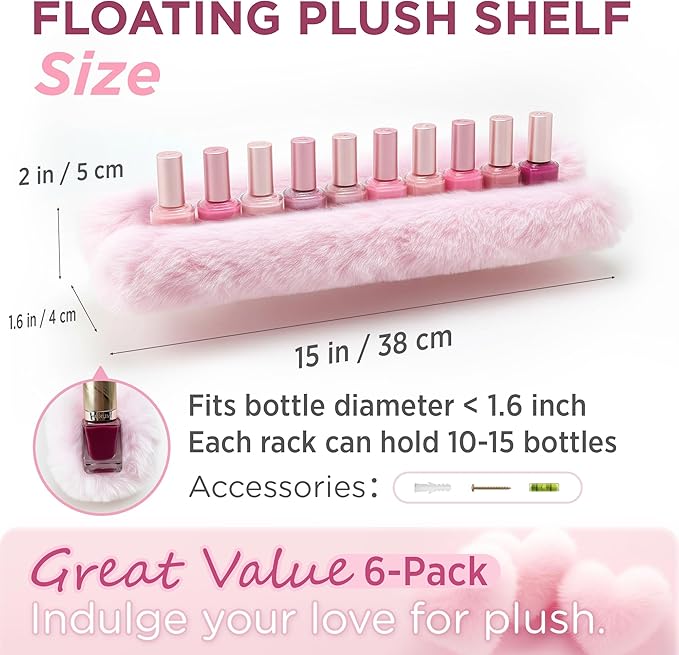 YMVV Nail Polish Wall Shelf - 15-Inch Furry Plush Display & Organizer Rack, Holds 60+ Polishes, Soft Ledge for Bedroom, Bathroom, Salon - Protects Bottles from Scratches，6 Pack Pink