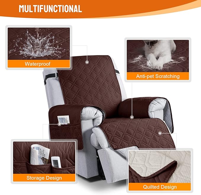 VANSOFY 100% Waterproof Recliner Chair Covers, Recliner Cover Non-Slip Dog Chair Cover Furniture Protector Washable Slipcover with Pocket, Elastic Straps for Pets, Dogs(Coffee, 23.6")