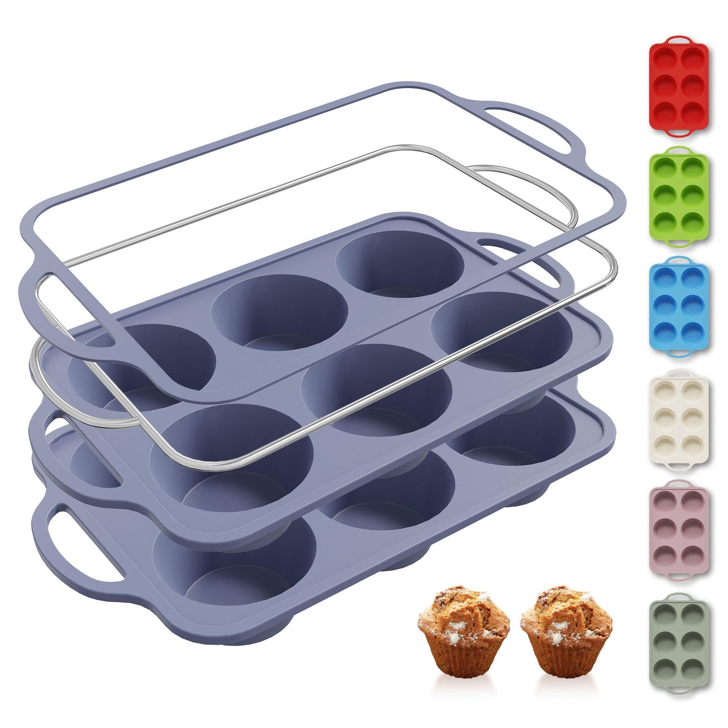 2 Packs 6 Cups Silicone Muffin Pan with Metal Reinforced Frame Jumbo Size Cupcake Pan Tray Egg Bites Silicone Circle Round Cookie Molds Muffin Tin Tall Tart Pans Baking Sheet Breakfast Sandwiches