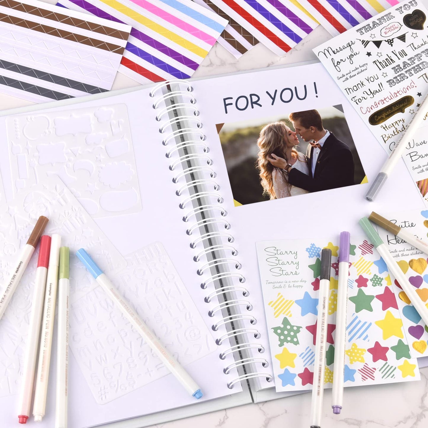 GOTIDEAL 12 x 12 Inch Scrapbook Album with 10 Metallic Markers,80 Pages Craft Paper Photo Album for Wedding and Anniversary, Family DIY Photo Album with Scrapbooking Stickers Corners(White)
