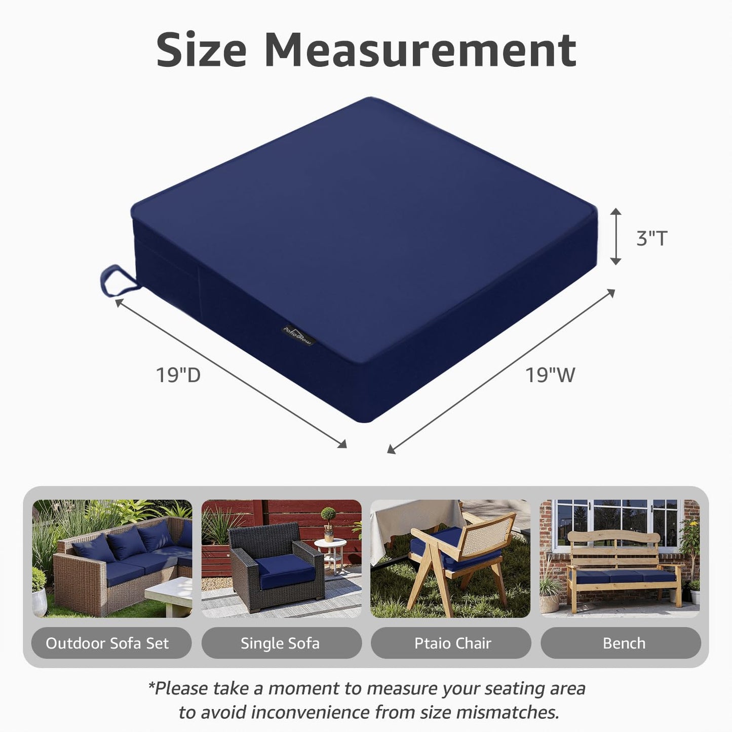 PatioGlow Outdoor Chair Cushions 19 x 19 x 3 Inch, Waterproof & Fade Resistant Patio Seat Cushion for Furniture with Handle and Ties, Thick Seating Pads for Outside Sofa Couch Set of 2, Dark Blue