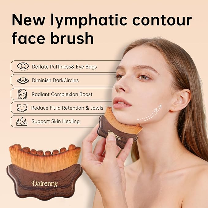 Lymphatic Contour Face Brush - Facial Sculpting & Anti-Puffiness Tool | Ultra Soft Dry Brush for Jawline Massage & Lymphatic Drainage | Ergonomic Design (Brown, 1pc)