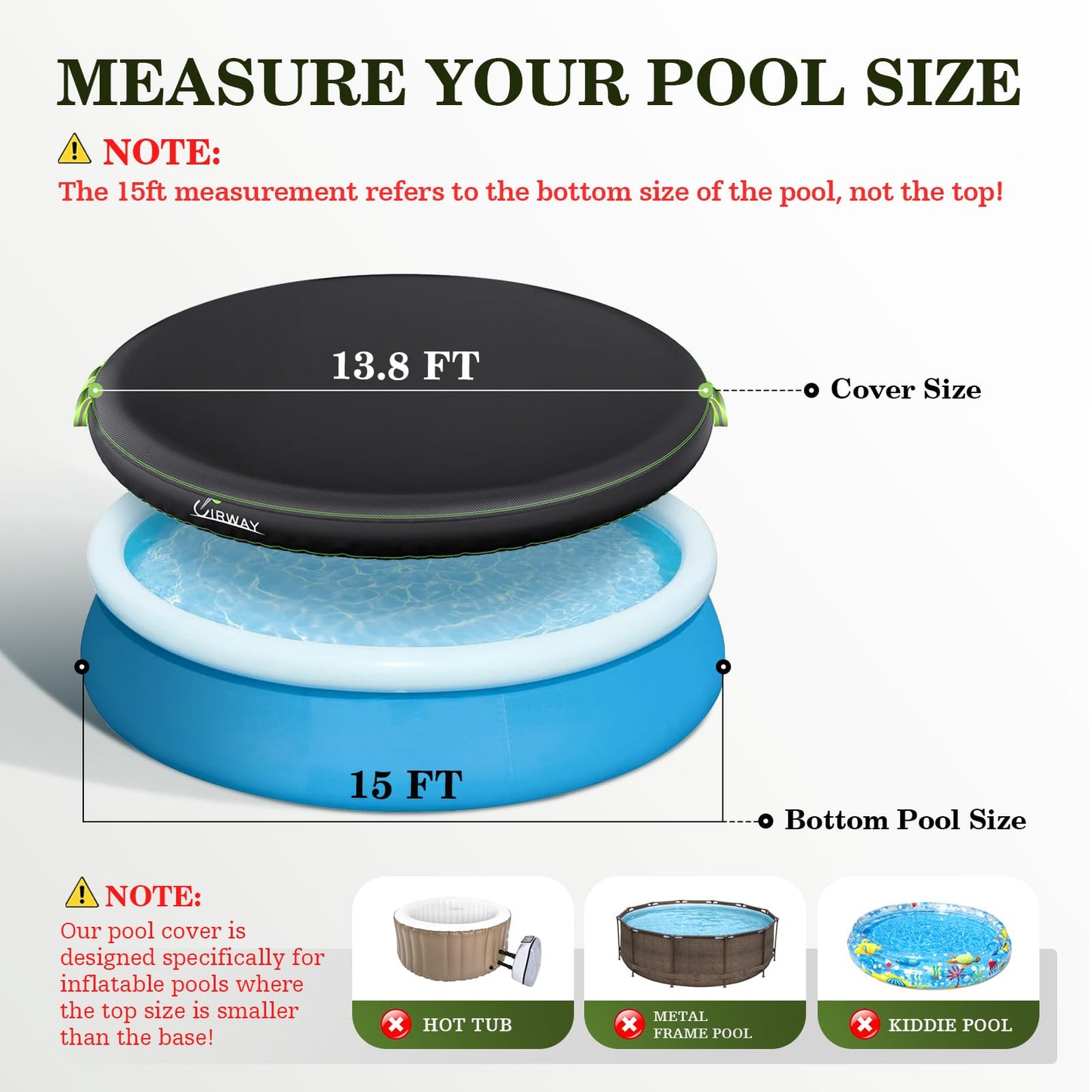 UIRWAY 15FT Round Pool Cover, Inflatable Pool Covers for Above Ground Pools with Elastic Cord - Snug Fit & Easy Set, Outdoor Swimming Pool Cover with 2 Reflective Strip Handles, Black