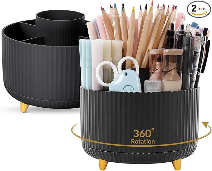 SKYDUE 2 Pack Pen Holder, 360 Degree Rotating Pencil Holder for Desk Organizer, Rotating Desktop Pen Organizer with 5 Slots, Office Supplies, Pencil Cup for Office, School, Home