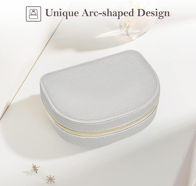 ProCase Travel Size Jewelry Box, Medium Portable Seashell-Shaped Jewelry Case, 2 Layer Mini Jewelry Organizer in PU Leather for Women -Silver