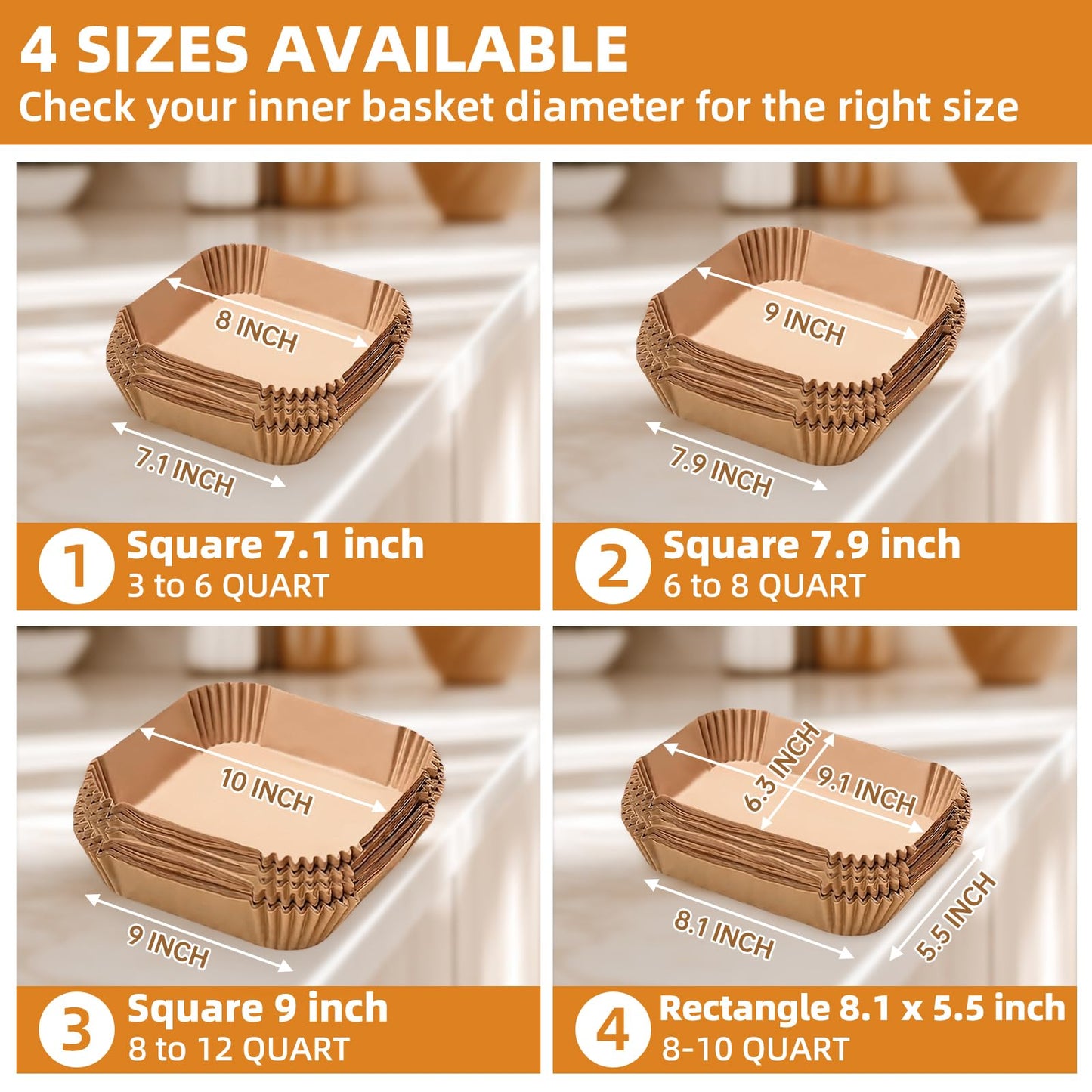 HONYAO Air Fryer Paper Liners XXL for 8-12 Qt Airfryer, 200pcs 9-10 inch Square Thickened 50gsm Disposable Parchment Tray