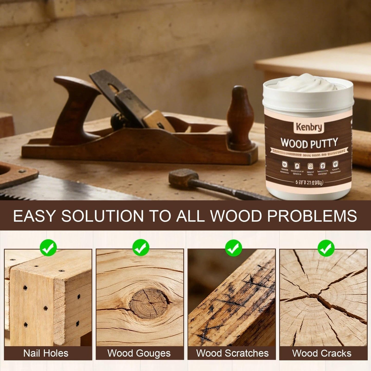 Wood Putty, White Wood Filler Paintable Sandable Stainable for All Purpose, 9.87OZ Wood Filler Putty for Furniture, Cracks, Holes Repairs, Water Resistant for Indoor and Outdoor Use
