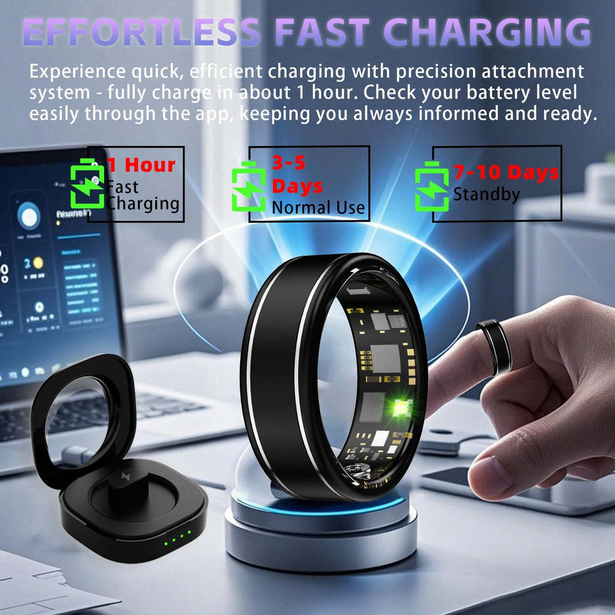 Anarow Smart Ring for Men Women – Fitness Tracker Ring with Heart Rate, SpO2, Blood Pressure, Sleep Monitoring, Step & Calorie Counter, No Subscription Fee, iOS & Android Compatible (Black, 9)