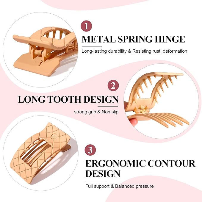 Large Flat Hair Claw Clips for Women Fine Thin Medium Thick Hair, Duckbill Strong Hold Non Slip Square Hair Clips, Cozy French Lay Down Hairclips, Beige, Light Khaki, Dark Khaki, Black, 4 Pcs
