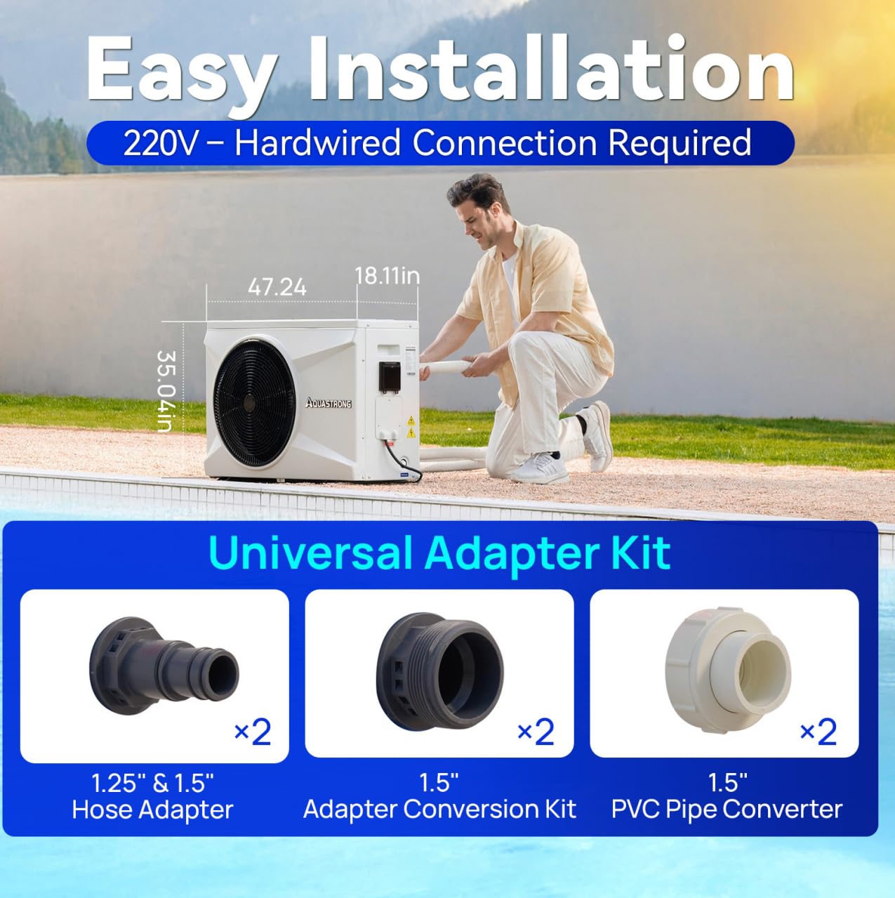 AQUASTRONG Inverter Swimming Pool Heat Pump,Pool Heater for Above Ground and Inground Pool Heating Smart WiFi Control and Cooling Pool Heater Pools Up to, 21000 Gallons