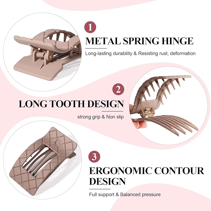 Large Flat Hair Claw Clips for Women Fine Thin Medium Thick Hair, Duckbill Strong Hold Non Slip Square Hair Clips, Cozy French Lay Down Hairclips, Beige, Light Brown, Dark Brown, Black, 4 Pcs