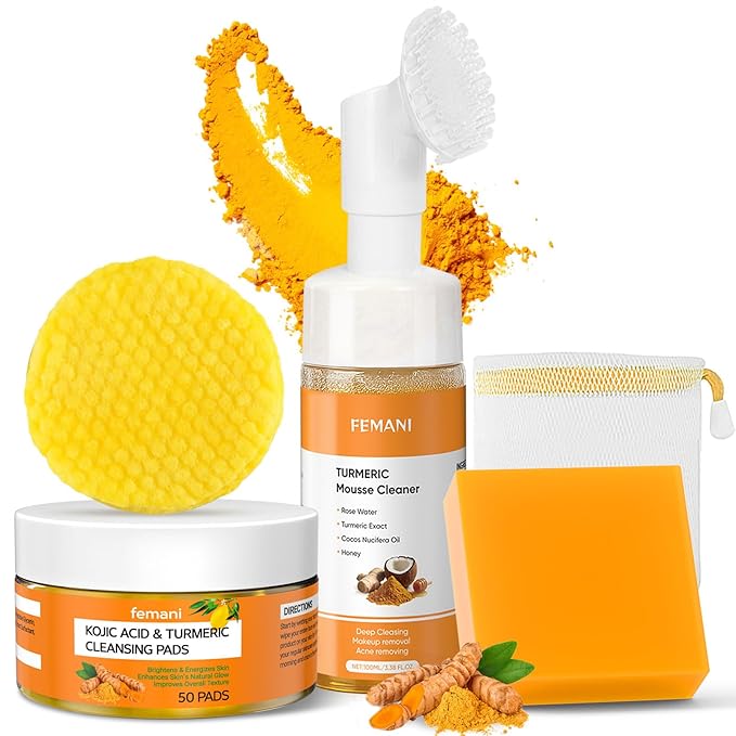 Turmeric Cleansing Pads 50 Pcs+Turmeric Soap Bar+Turmeric Face Wash with Brush, Tumeric Pads for Face and Body,Lemon Tumeric Soap for Wash, Daily Gentle Skin Cleanser Set for All Skins