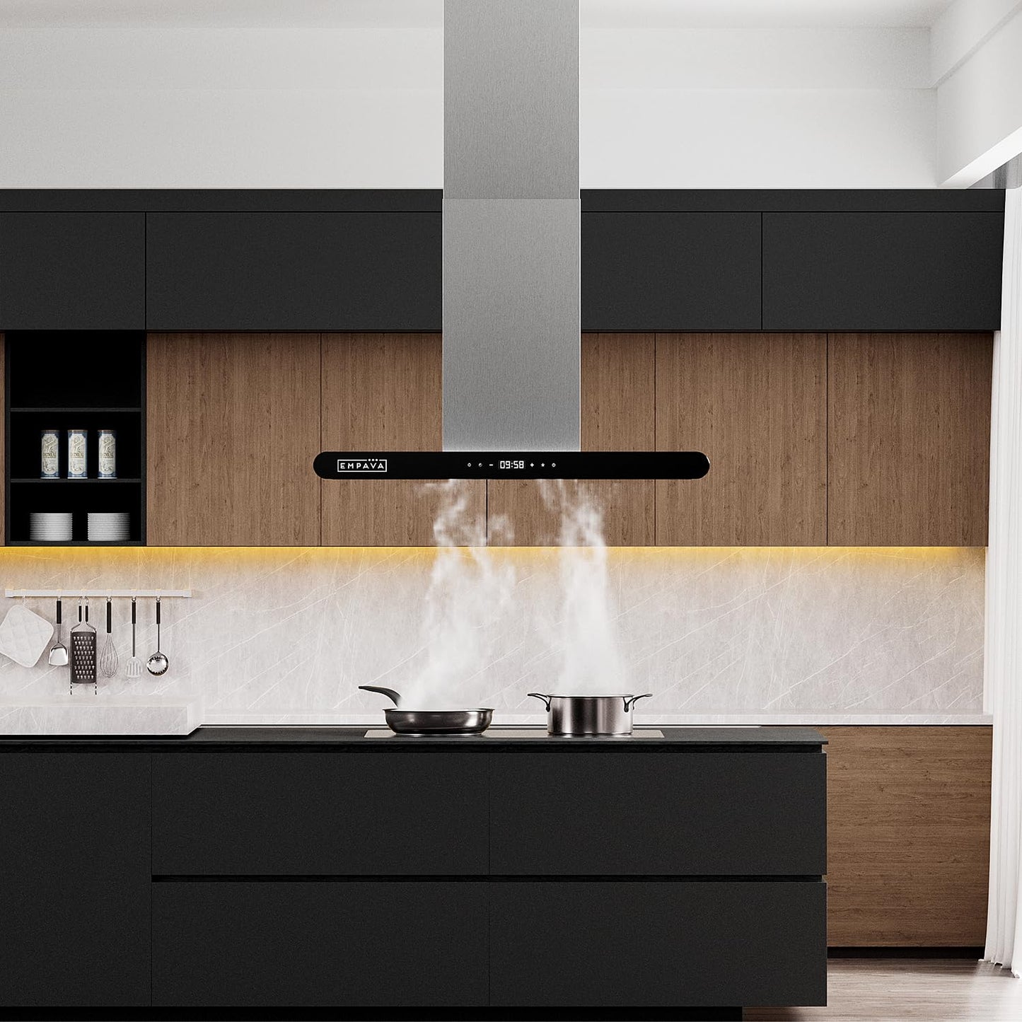 Empava 36“ Island Range Vent Hood Ceiling-Mount, 3-Speed Touch Control, Timer, Stainless Steel Baffle Filters, 4 LED Lights, Convertible Ducted to Ductless (Charcoal Filters Sold Separately)