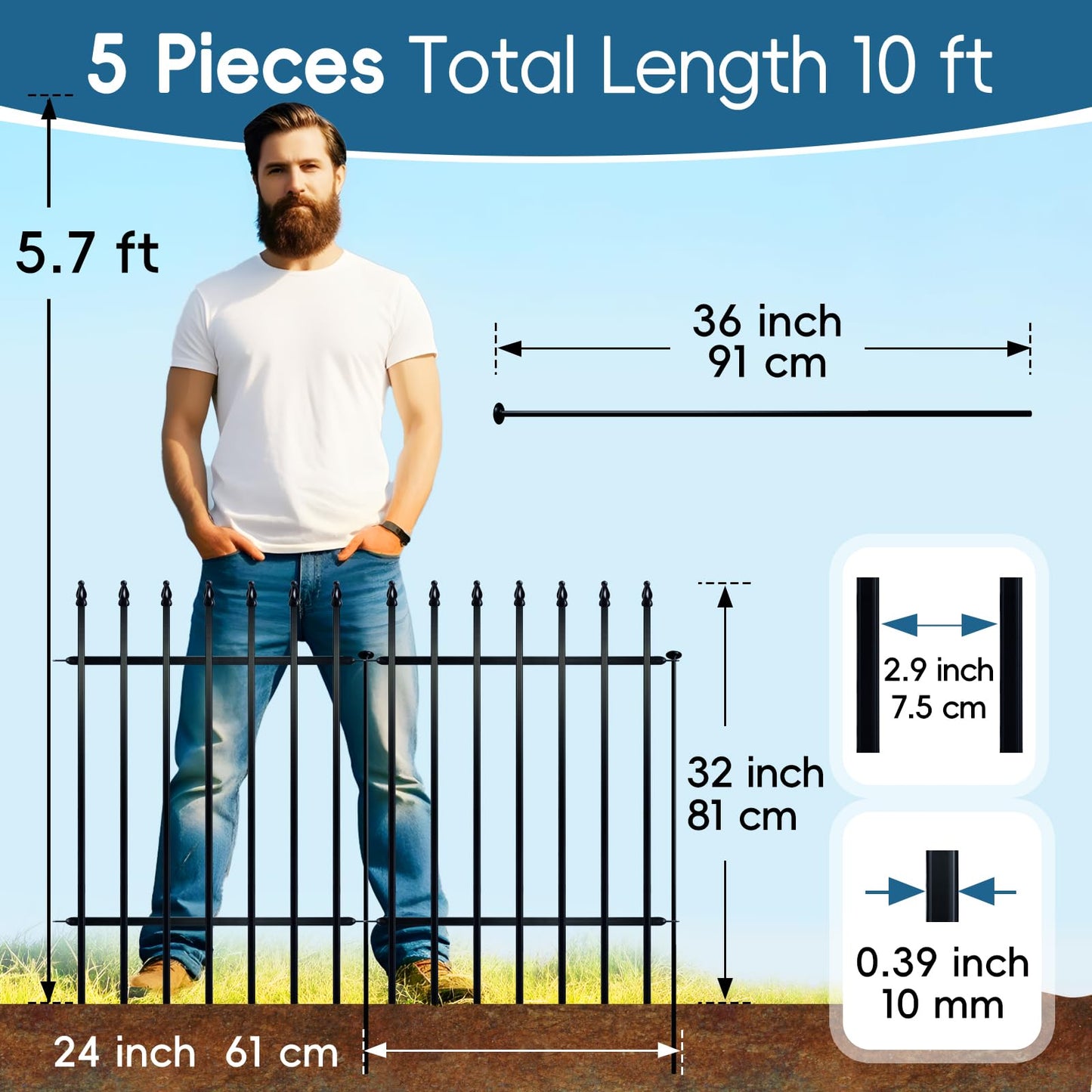 Thealyn Metal Garden Fence 32 inch H x 24 inch W (5 Panels, Total Length 10 ft) No Need Dig Outdoor Rustproof Animal Barrier Fencing Border Fence for Dog, Patio,Yard, Landscape, Flower Bed