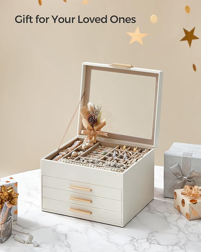 SONGMICS GISELLA Collection - Jewelry Box Organizer, 4-Layer Jewelry Storage with 3 Drawers, Shiny Metal Hardware, Glass Lid, Modern, 8 x 9.1 x 6.5 Inches, Cloud White and Gold Color UJBC173W01