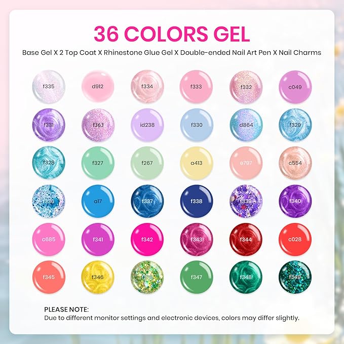 Beetles 36 Colors Gel Nail Polish Set, 42pcs UV Gel Nail Polish Colors Blue Pink Purple Orange Polish Shimmer Glitter Woodland Fairy Collection with Nail Art Rhinestone Spring Gifts for Women Girls