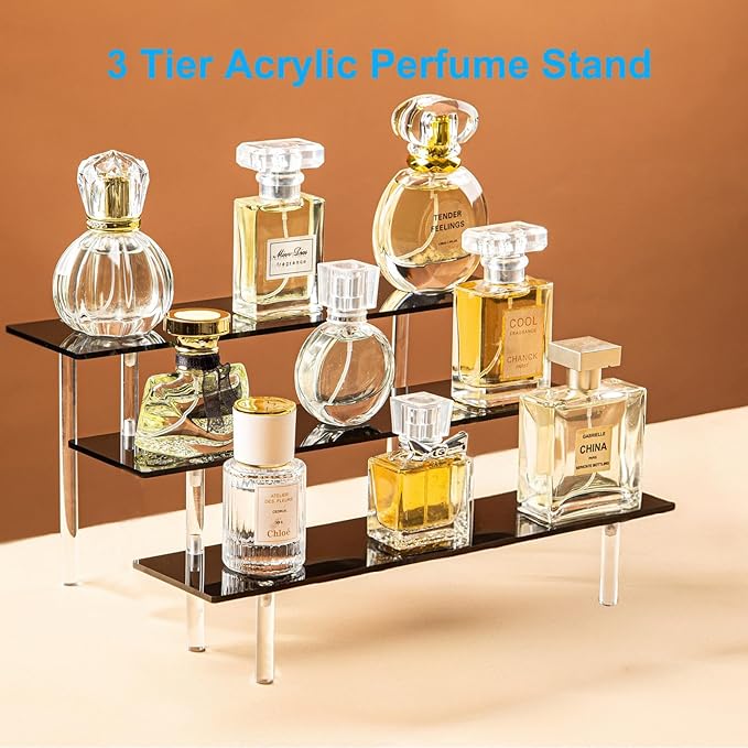 HENABLE 3 Tier Perfume Organizer Stand, Black Acrylic Risers Display Stands, Cologne Shelf Dessert Display for Party, Figure Stand Funko POP Shelves, Collection Cosmetic, Cupcake Stand Holder