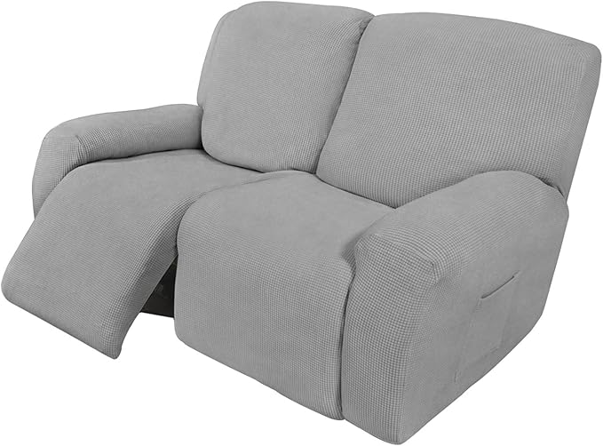 Easy-Going 6 Pieces Recliner Loveseat Stretch Sofa Slipcover Sofa Cover Furniture Protector Couch Soft with Elastic Bottom Kids, Spandex Jacquard Fabric Small Checks Light Gray