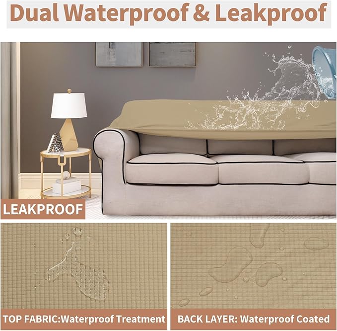Easy-Going 100% Waterproof Couch Cover, Dual Waterproof Sofa Cover, Stretch Jacquard Sofa Slipcover, Leakproof Furniture Protector for Kids, Pets, Dog and Cat (Sofa, Sand)
