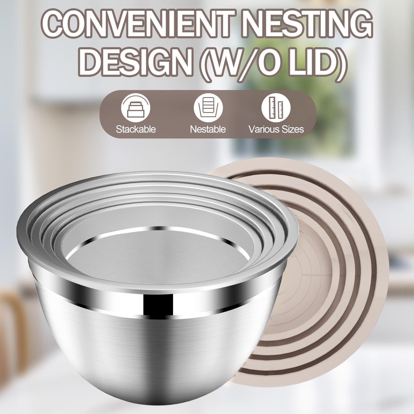 DUTZUN Stainles Steel Mixing Bowls with Lids Set, Stackable Metal Mixing Bowl with Strainer, 5-Piece - Beige