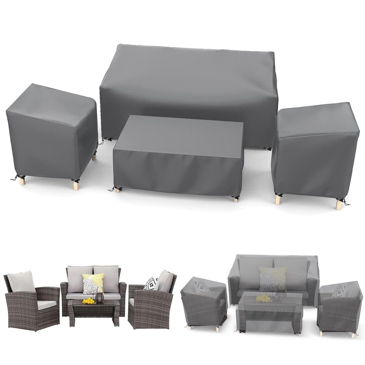 STARTWO Outdoor Patio Furniture Covers Waterproof 4-Piece Set, for Chairs 33in, Loveseat 58in, Coffee Table 46in, Heavy Duty 600D, Grey
