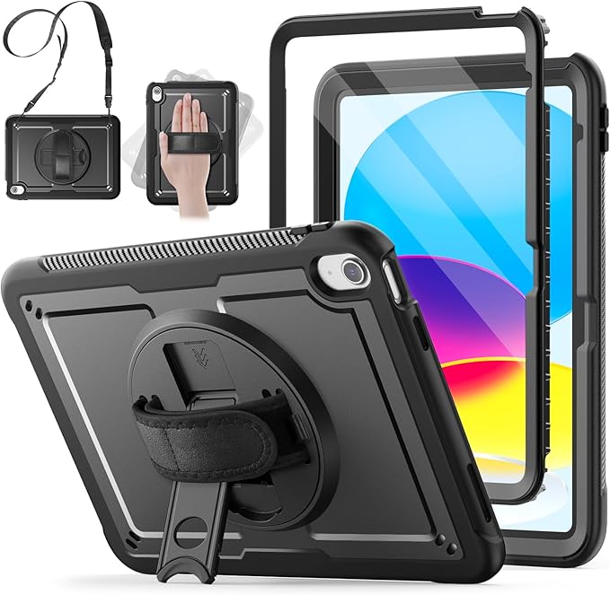 SCSVPN Case for iPad (A16) 11th Generation 11 Inch 2025 / 10th Generation 10.9 Inch 2022, Shockproof Protective Case with Screen Protector, Pencil Holder, Rotating Stand, Hand/Shoulder Strap - Black