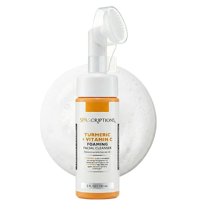 SpaScriptions 2 in 1 Cleanse & Exfoliate Foaming Facial Cleanser - Turmeric & Vitamin C Face Wash with Silicone Brush for Dullness & Uneven Skin Tone with Radiance Support for Daily Cleansing, 5 oz