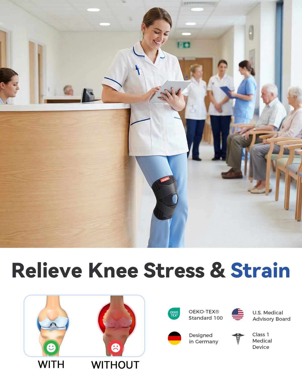 Medical-Grade Knee Brace for Women & Men,[Adjustable V-Straps & Anti-Slip] Knee Support with Side Stabilizers for Knee Pain,Meniscus Tear,ACL,MCL,Arthritis, Patella Stability for Injuries Recovery - M