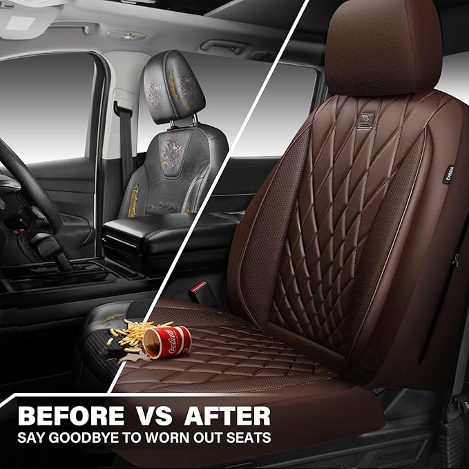 CAR PASS Piping Luxury Faux PU Leather Two Front Car Seat Covers, Waterproof Anti Slip Seat Covers Compatible with Front Seat Armrests,Universal Fit for Suvs,Vans,Trucks,Airbag Compatible, All Brown