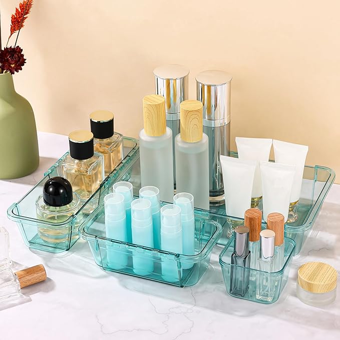 20 Pcs Clear Drawer Organizer, Adjustable Drawer Storage Box, 3-Size Desk Drawer Organizer, Acrylic Storage Bins for Makeup, Kitchen Utensils, Bedroom Dressers Tool Organizer for Gadgets, Blue