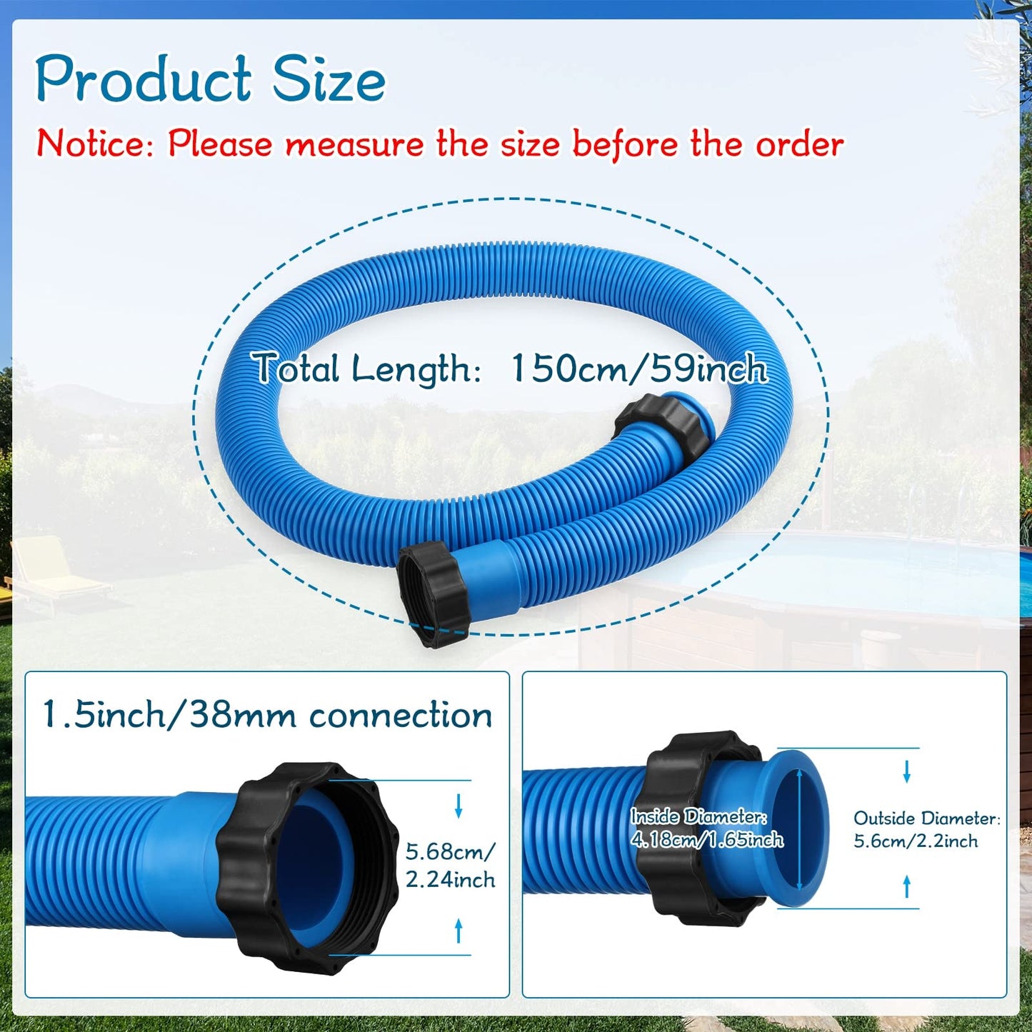 eBoot 2 Pcs 29060e Above Ground Pool Hoses 1.5" Diameter 59" Long Swimming Pool Pump Hose Replacement for Filter Pump, Saltwater System, Sand Filters Accessories(Blue)
