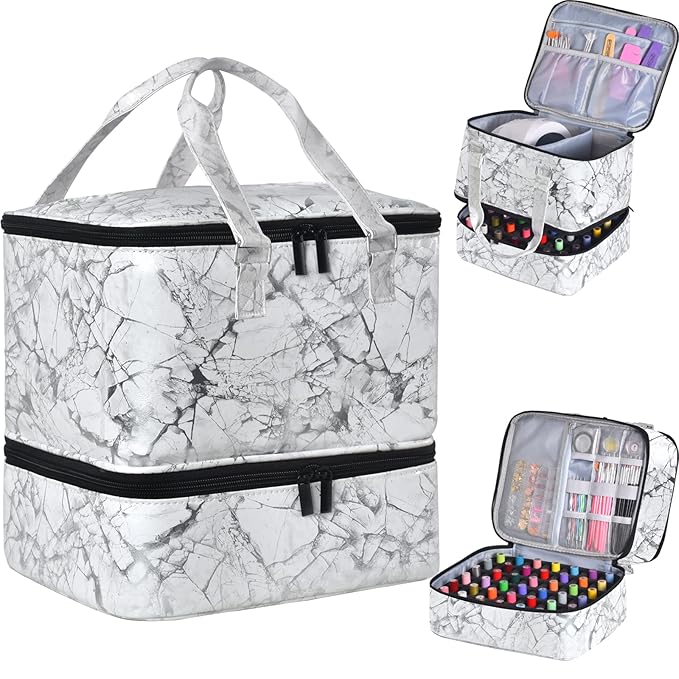 Nail Polish Organizer Case - Holds 42+ Bottles (15ml/0.5 fl.oz) and 1 Nail Lamp, Upgraded Double-layer Nail Polish Carrying Case Nail Storage Bag with Handles (White)