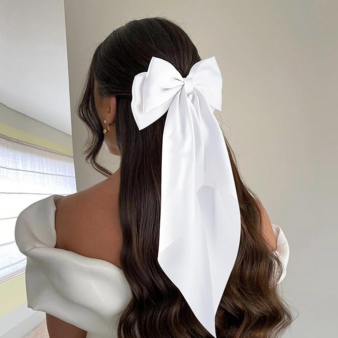 6Pcs Large Bows Hair Clips for Women Girls Long Tail Hair Ribbon Silky Satin Barrettes Coquette Bows Accessories (Beige/Yellow/Pink/Grey/Purple/Green)
