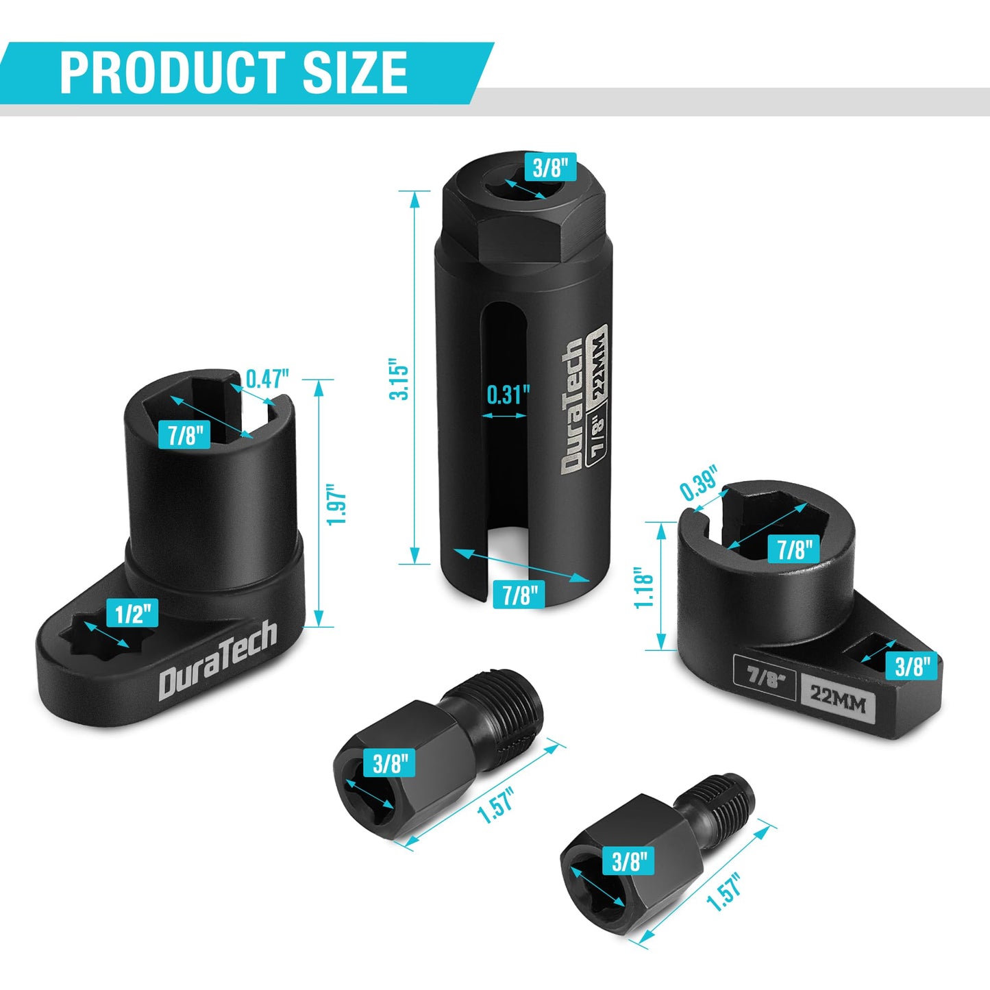 DURATECH 5PCS O2 Oxygen Sensor Socket Thread Chaser Set, 3/8" 1/2" Drive x 7/8" 22mm Oxygen Sensor Remover O2 Sensor Removal Tool Kit