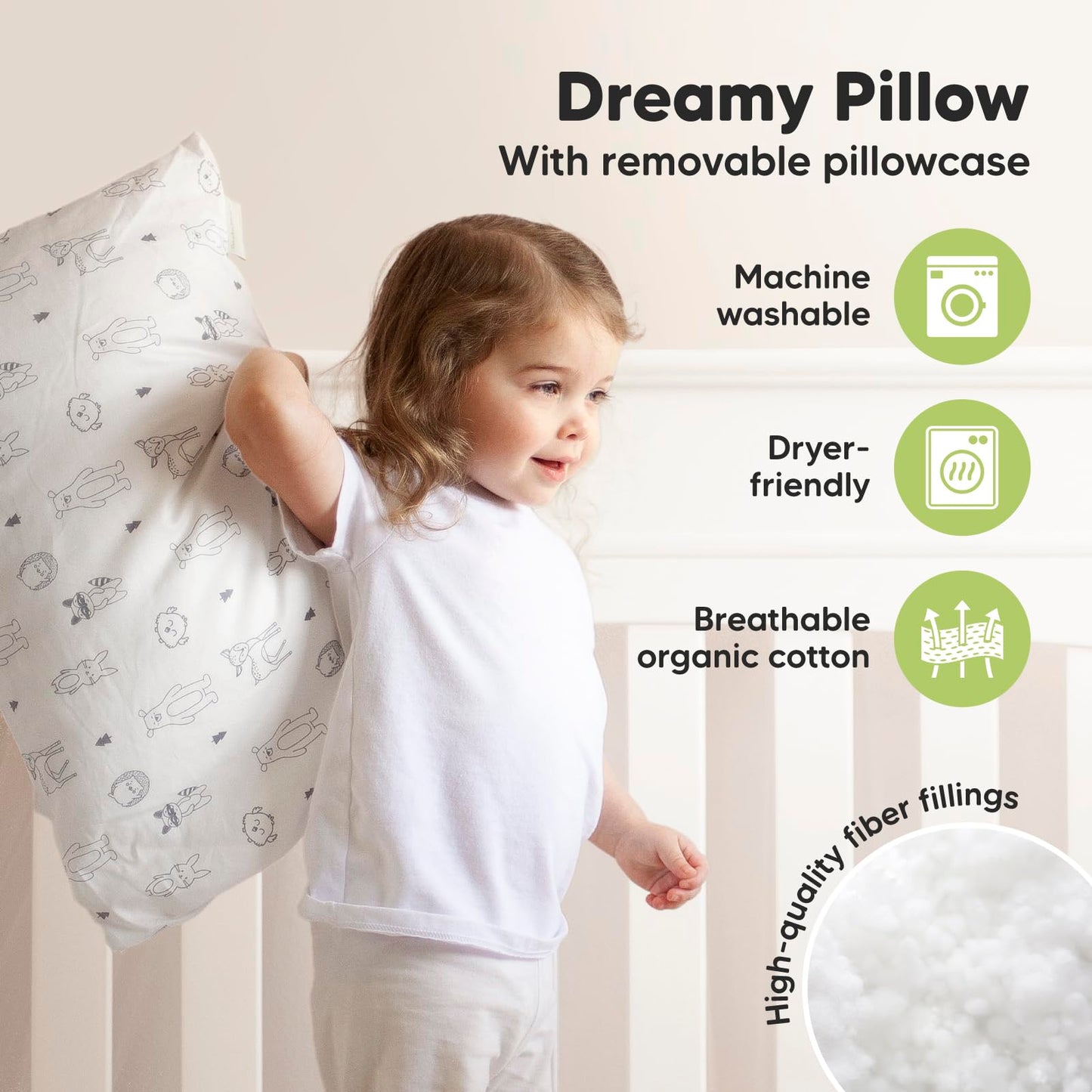 KeaBabies Toddler Pillow with Pillowcase, Jumbo 14X20 - Soft Organic Cotton Toddler Pillows for Sleeping - Machine Washable - Perfect for Travel, Toddler Bed Set(KeaFriends)
